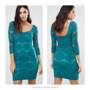 Free People ▪ Teal Blue Medallion 3/4 Sleeve Crochet Two-Tone Bodycon Dress